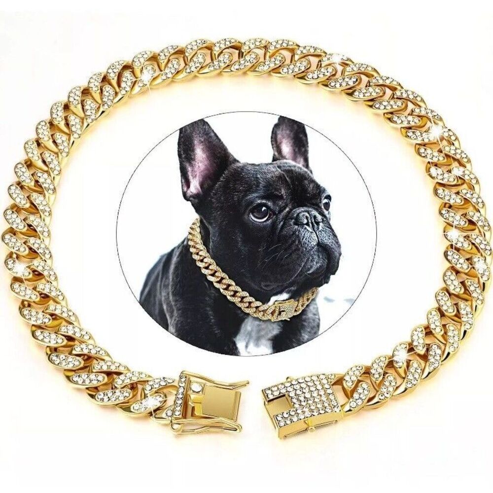 Pet Dog Cat Metal Gold Chain Diamond Cuban Link Collar Luxury Necklace Bling 12"